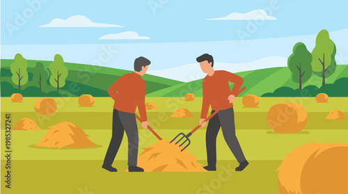 Two farmers raking hay in a field with hay bales and green hills