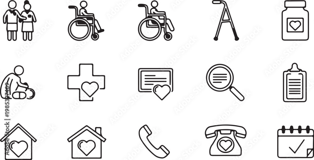 Fototapeta premium Set of healthcare and medical icons representing patient care, assistance, and well-being, featuring symbols for support, health, and home
