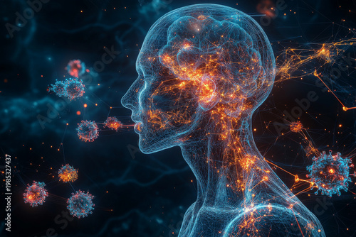 selective focus stylized virus and immune system visualization