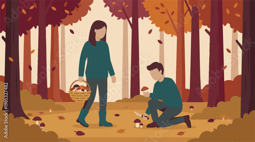 Couple picking mushrooms in an autumn forest, fall activity illustration