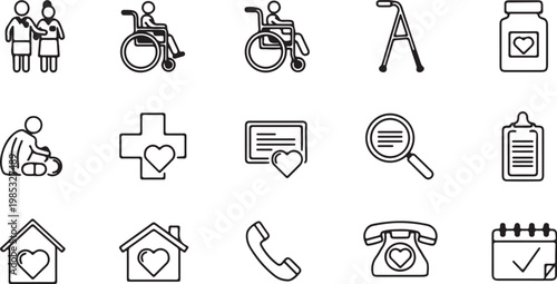Set of healthcare and medical icons representing patient care, assistance, and well-being, featuring symbols for support, health, and home
