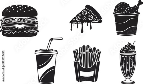 Fast food icons set including burger, pizza, fries, milkshake, and soda cup on white background for restaurant or menu design