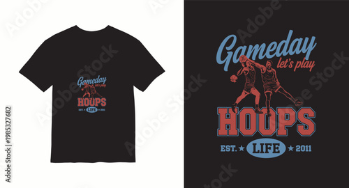 Vintage basketball t shirt design featuring basketball players in action with gameday hoops typography.