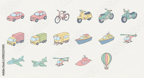 Collection of hand-drawn transportation vehicles and modes of travel.