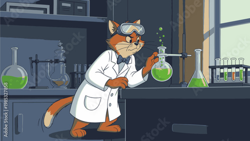 Cartoon illustration of a fox in a lab coat and goggles examining a green liquid in a beaker in a laboratory setting with various scientific equipment.