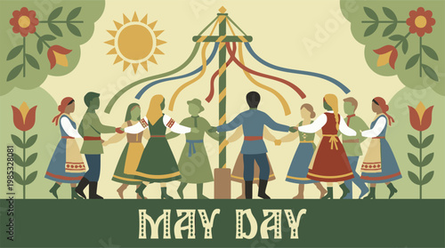 May Day celebration with diverse people dancing around a traditional maypole