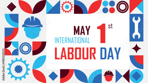May 1st International Labour Day, global labor celebration, workers unity and gaining human rights, red and blue color abstract background with geometric design