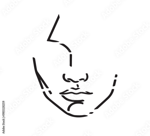 Abstract minimalist line art concept illustrating fragmented human facial features, evoking modern simplicity and introspective beauty through a stylized graphic design approach
