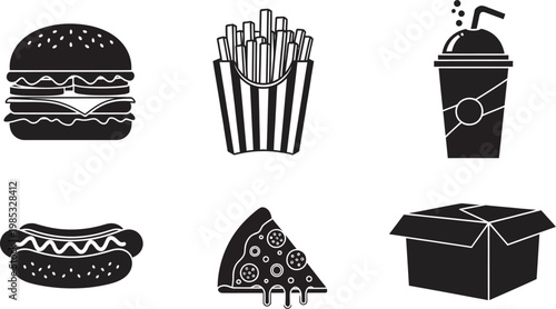 Fast food icons set including burger hot dog fries pizza drink and takeout box black and white vector illustrations for restaurant menu or advertising