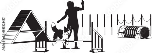 Dog jumping over hurdle with handler at agility course obstacle