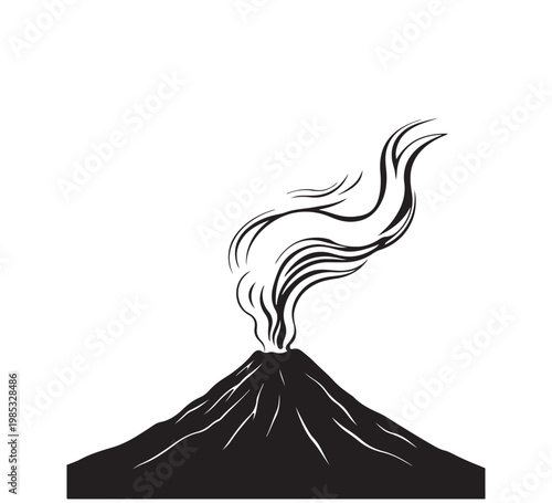 Dynamic monochrome illustration of a majestic volcano in a powerful volcanic eruption, showcasing a dramatic, swirling plume of ash and smoke, symbolizing Earth's intense geological force