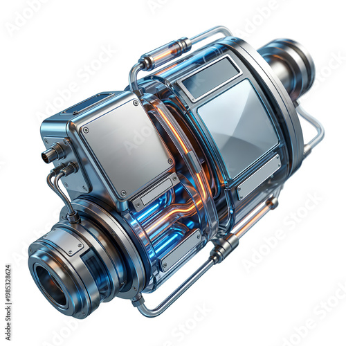 Futuristic mechanical device with intricate details and advanced technology.