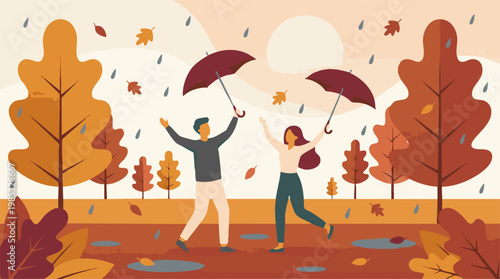 Happy couple enjoying autumn rain with umbrellas in a park