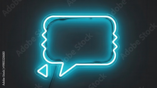 Vibrant turquoise neon chat bubble frame radiating light on dark background for digital messaging