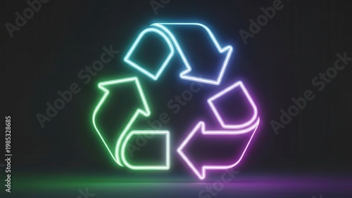 Vibrant neon recycle symbol glowing against a dark background promoting sustainability and