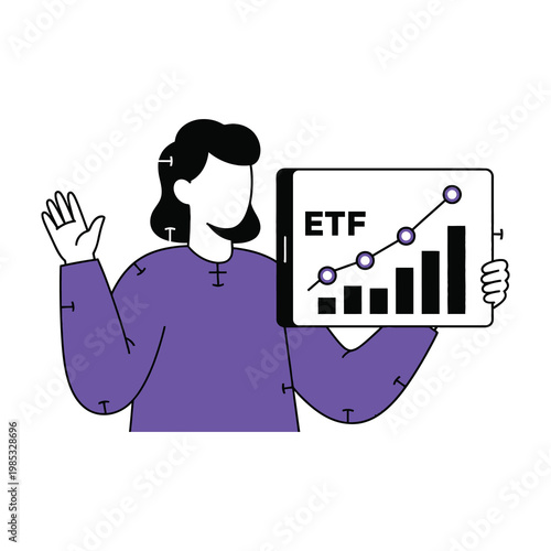 Woman holding ETF graph on screen for investment analysis
