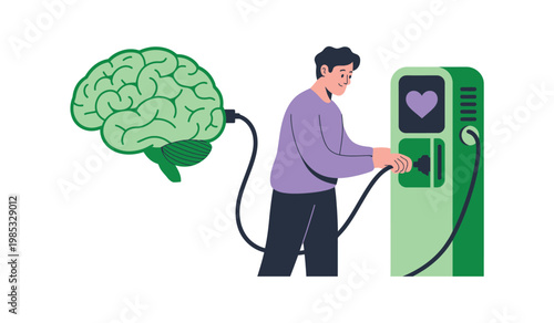 Man charging brain at energy station symbolising mental boost vector illustration cognitive energy concept creative thinking