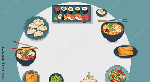 Asian Food Collection Illustration with Ramen, Sushi, and Dim Sum in Flat Design Style – Circular Top View Banner with Copy Space.