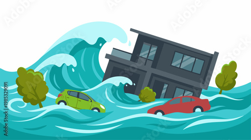 Illustration of a house and cars being swept away by a powerful tsunami