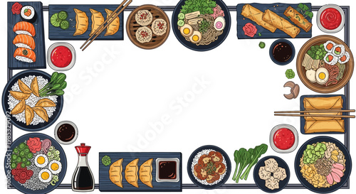 Asian Food Border Frame with Sushi, Dim Sum, Gyoza, and Ramen Vector Illustration.