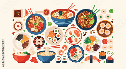 Asian Food Collection: Ramen, Sushi, Dim Sum, and Bibimbap Flat Vector Illustration