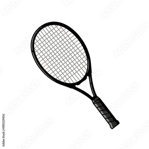 Tennis racket, isolated on white background, sports equipment, black and white illustration