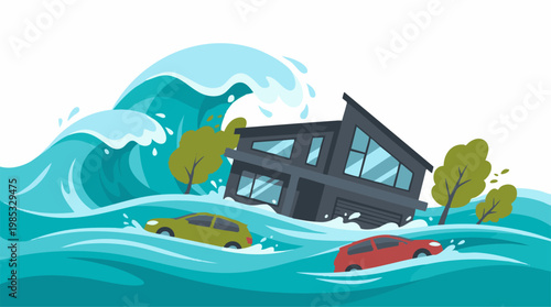 Tsunami or severe flood disaster with house, cars, and trees submerged