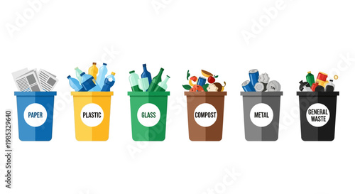 Colorful recycling bins with labeled waste categories for eco-friendly sorting