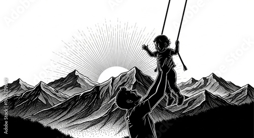 Two Children On A Swing Play Silhouettes.