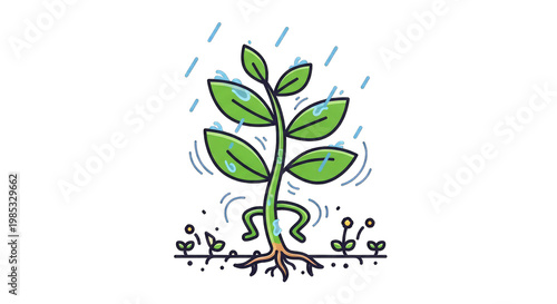 Thirsty Plant Receiving Raindrops with Visible Roots and Small Sprouts