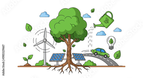 Eco-friendly illustration with tree, solar panels, and wind turbine
