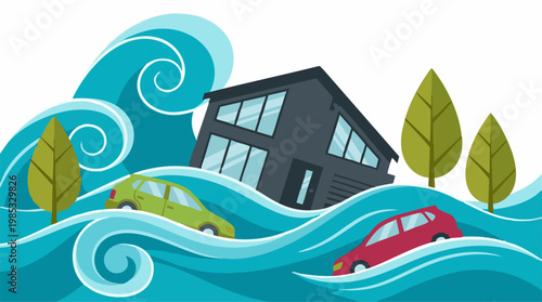 Flood disaster illustration with submerged house, cars, and trees in water.