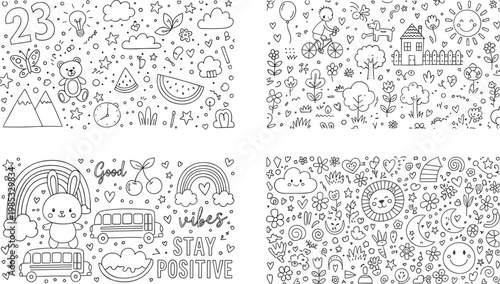 Hand drawn cute doodle seamless pattern set featuring teddy bears rainbows school buses and nature elements for kids nursery wallpaper and creative textile design