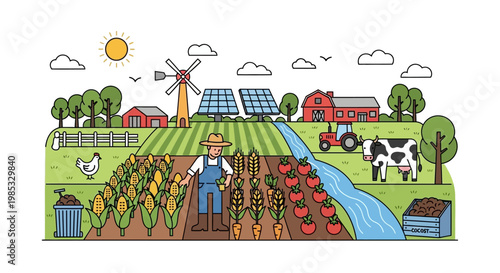 Colorful Farm Landscape with Farmer and Renewable Energy Elements