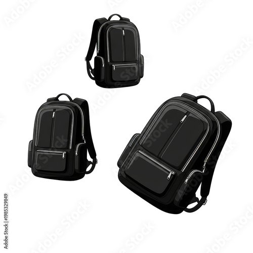 Three black backpacks on a white background