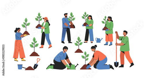 Diverse group of people planting trees in a vector illustration