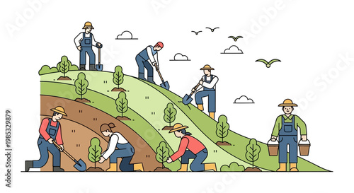 Farmers planting trees on a hillside in a vector illustration