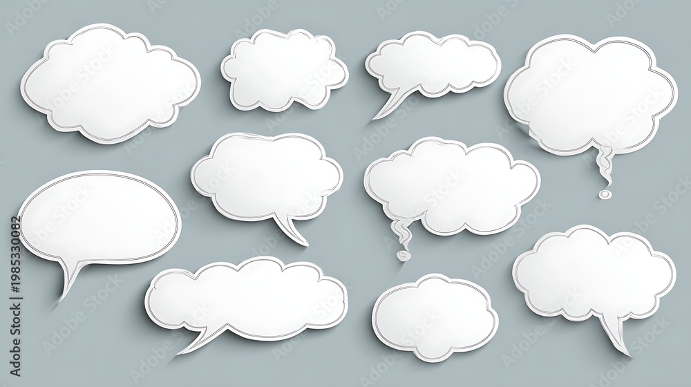Fototapeta premium Collection of blank white speech bubbles and thought clouds on a gray background