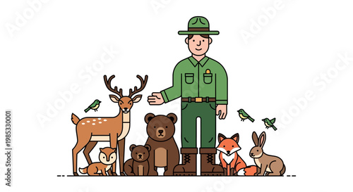 Park ranger with diverse woodland animals in flat vector style