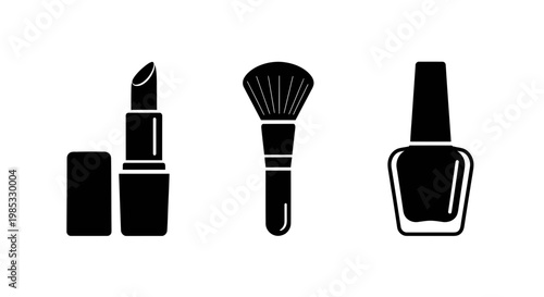 Cosmetic icons: lipstick, makeup brush, and nail polish.