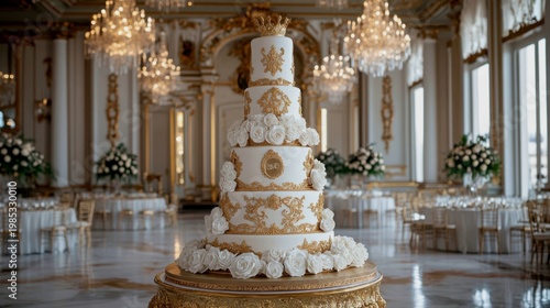 A monumentally opulent cake inspired by Baroque palaces. Six elaborate tiers are covered in intricate white fondant with deeply embossed scrollwork, filigree, and cameo patterns