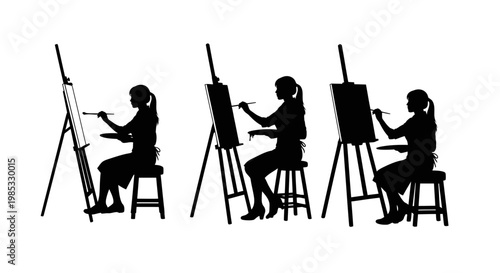 Artist Painting Silhouette: Woman Creating Art on Easel