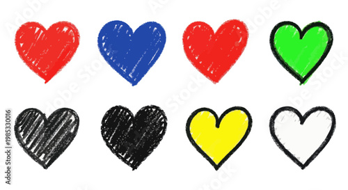 Colorful Hand-Drawn Hearts - Red, Blue, Green, Yellow, Black, White - Isolated