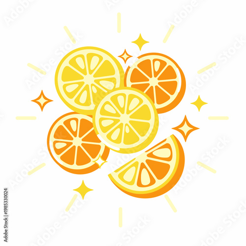 Sliced lemons and oranges with starburst elements on white