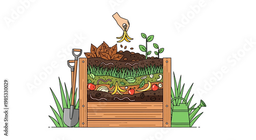 Illustration of a Compost Bin with Organic Waste and Gardening Tools