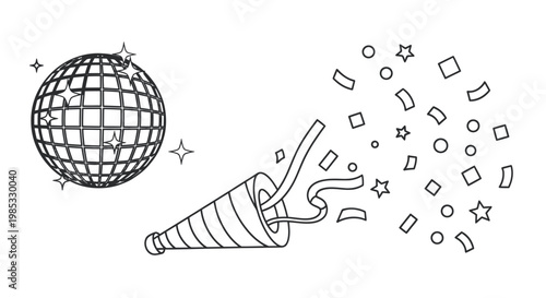 Disco ball and party popper with confetti and stars, celebration, party