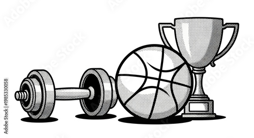 Dumbbell, Basketball, and Trophy: Symbolizing Fitness, Sport, and Victory