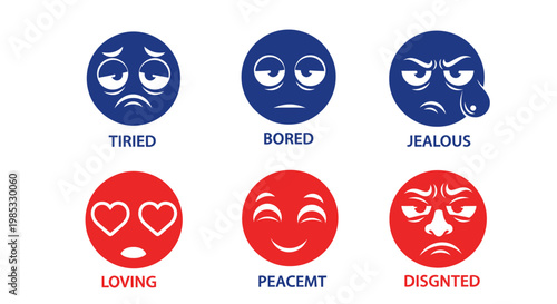Emotions Faces Icons: Tired, Bored, Jealous, Loving, Peaceful, Disgusted