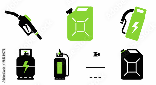 Green Energy Fuel Icons: Gas Pump, Jerry Cans, Propane Tank, Electric Bolt