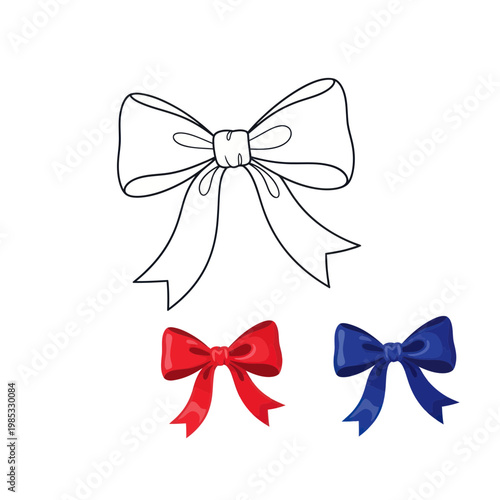 Hand-drawn Bows: Outline, Red, and Blue Ribbons on White Background